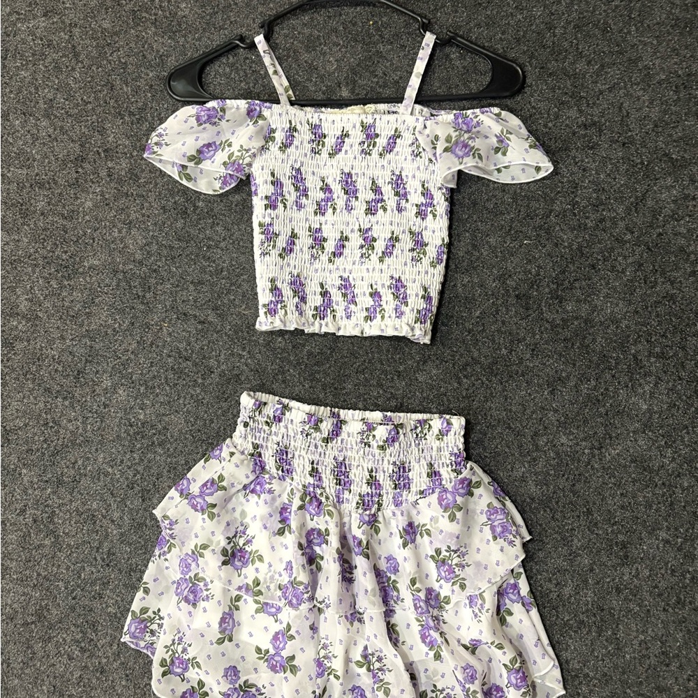 btween White & Purple Floral Smocked Off-Shoulder Top and Ruffle Skirt Set